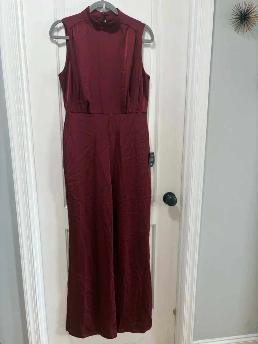 Lulus Classic Elegance NWT Medium Wine Red Satin Sleeveless Mock Neck Jumpsuit - Picture 3 of 15